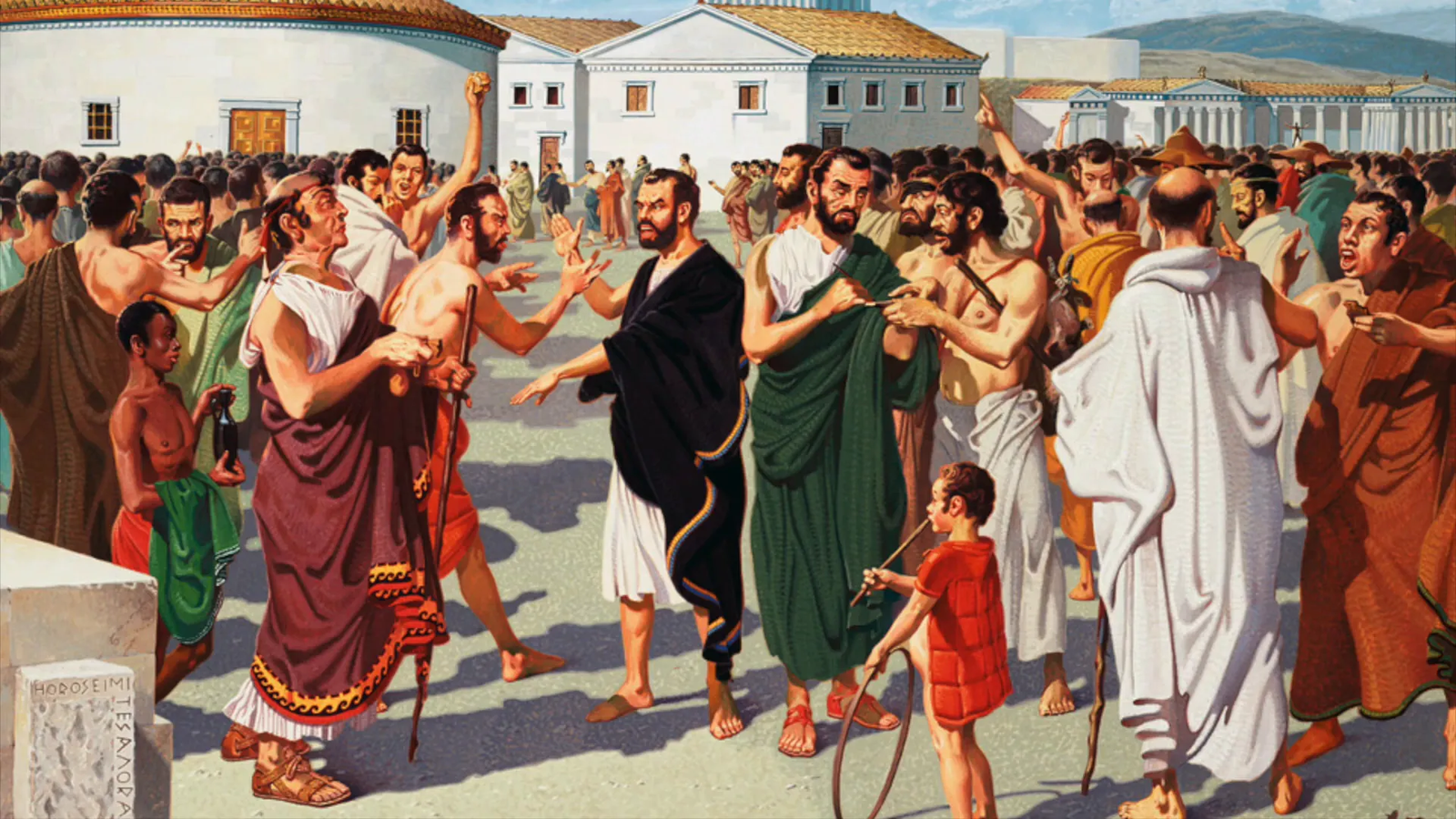 Socrates engaging with citizens in the marketplace